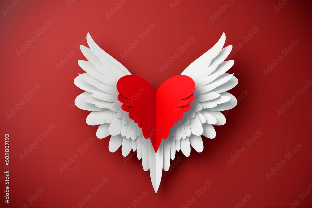 Valentine's card with a paper cut heart with white wings on a red background Valentine's card with a paper cut heart with white wings on a red background