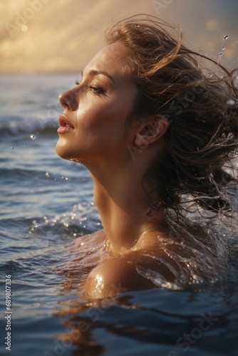 A beautiful female body interacts with the water element, the power of water