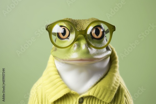 Frog wearing yellow sweater and glasses on a green background. The concept of a vision problem.