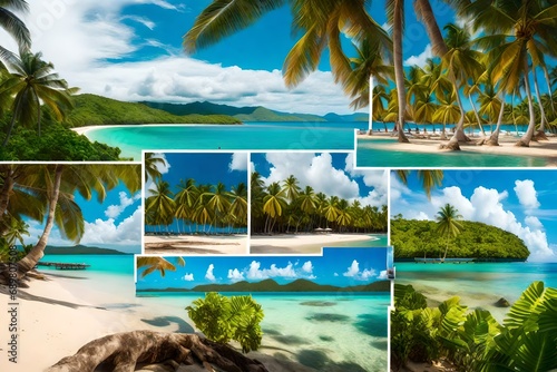 Collage from views of the Caribbean beaches  amazing landscape of Samana  Dominican Republic  with hammock  mangroves  cocktails  shells  palm trees  flowers  ocean  waves  sky  sun and clouds