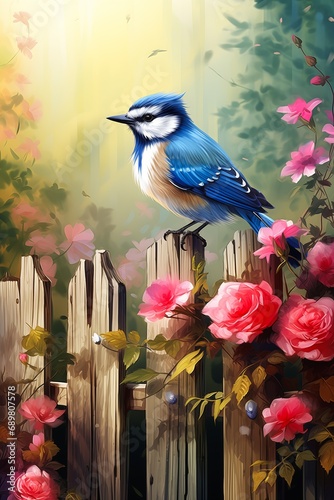 bluebird sitting fence pink roses furry bluejay sticker wooden wall sparrows garden house