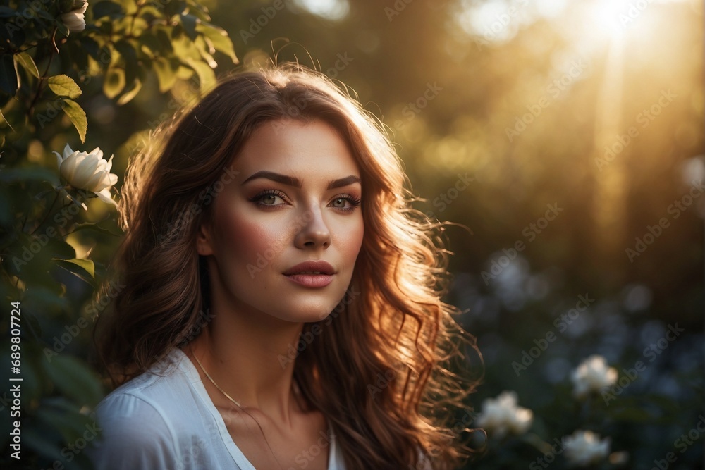 Portrait of a beautiful young girl in a summer evening garden, in the rays of the setting sun.