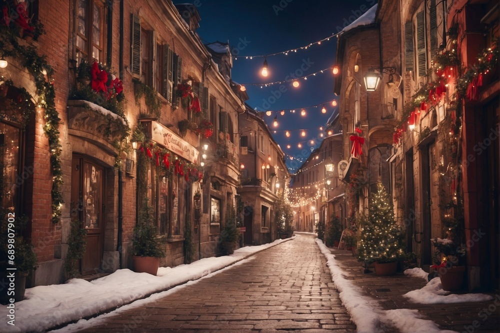 Alley in Christmas Night with Bright Lights Amidst Buildings.