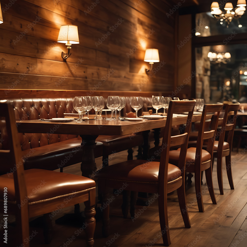 A long wooden table set for chairs in a dimly lit cozy restaurant scene.