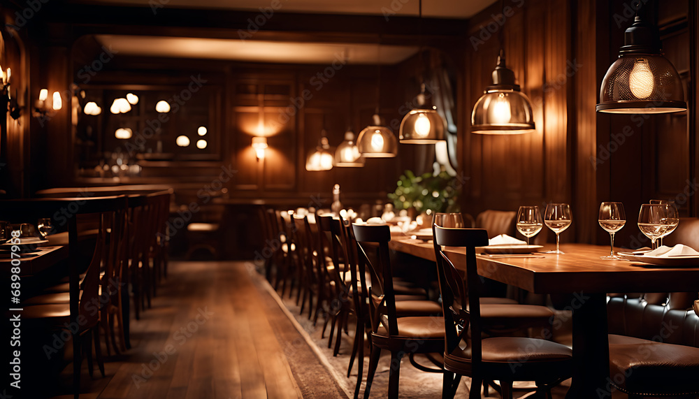 A long wooden table set for chairs in a dimly lit cozy restaurant scene.