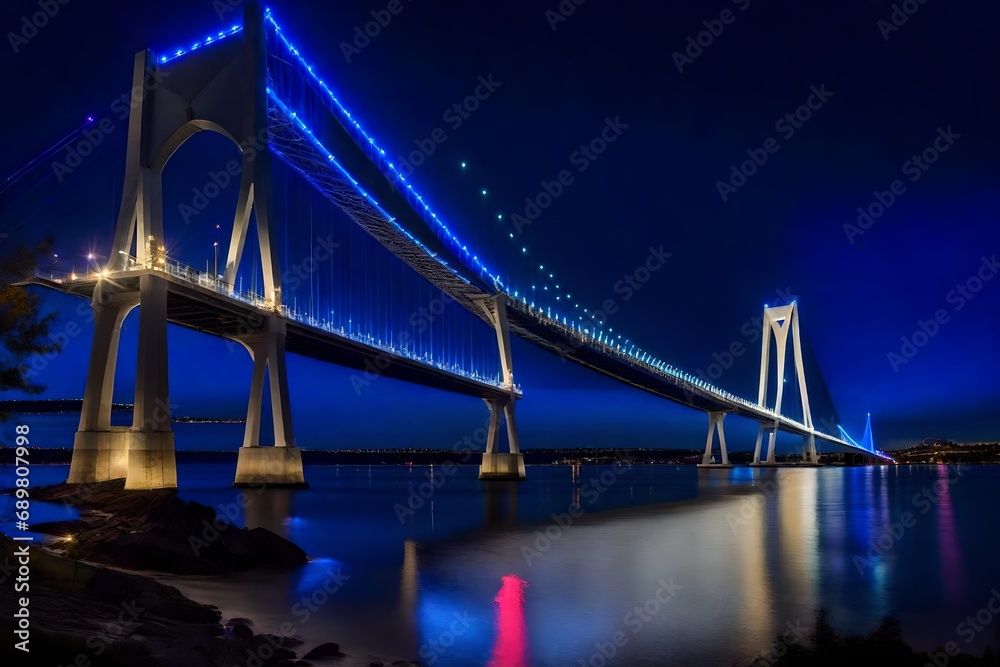 The Bridge is a twin cable-stayed bridge, Photographed at night with blue LED lighting.