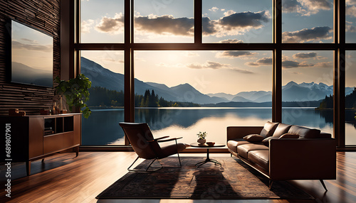A living room with a large window offers a view of a lake and mountains  furnished with a leather chair  couch  and bookshelf on a rug