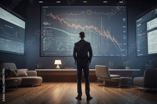 A business man, the CEO of an investor, makes a report on the big screen