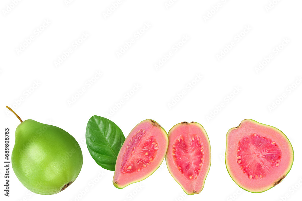 Guava fruit slices isolated on white background with full depth of field. Top view with copy space for your text. Flat lay