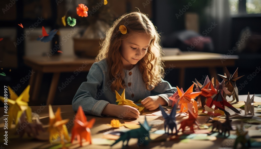 Little Girl Creating Origami Art - obrazy, fototapety, plakaty 