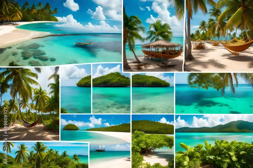 Collage from views of the Caribbean beaches, amazing landscape of Samana, Dominican Republic, with hammock, mangroves, cocktails, shells, palm trees, flowers, ocean, waves, sky, sun and clouds