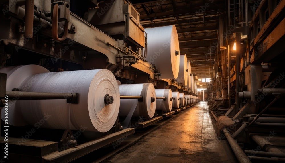 Rolls of Paper on a Conveyor Belt in a Factory