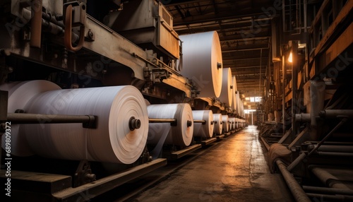Rolls of Paper on a Conveyor Belt in a Factory