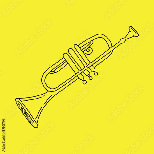 Vector hand drawn illustration of trumpet. Black and white, isolated.