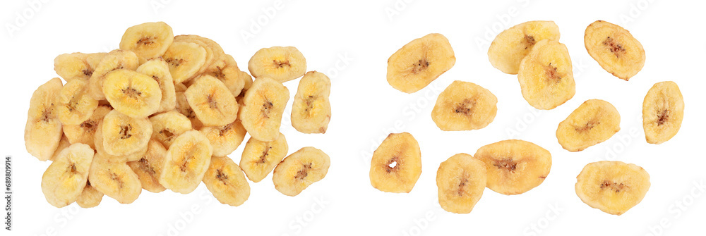 Dried banana chips isolated on white background with full depth of field. Top view. Flat lay Dried banana chips isolated on white background with full depth of field. Top view. Flat lay