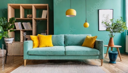 Cute Mint Loveseat Sofa with Yellow Pillow Against Green Wall with Bookcase in Scandinavian, Mid-Century Home Interior Design © Martin