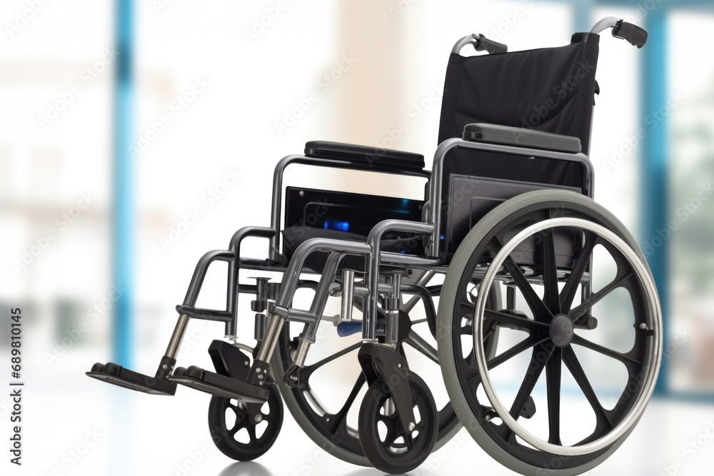 A wheel chair with wheels and a laptop on it.