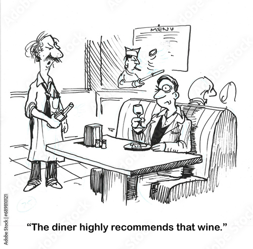 The diner waiter recommends a cheap wine.