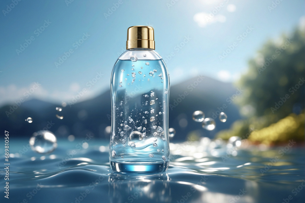Transparent bottle on the surface of the reservoir with a small smooth wave Transparent bottle on the surface of the reservoir with a small smooth wave