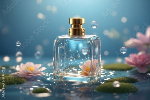 Transparent bottle with perfume with a refreshing scent of delicate flowers