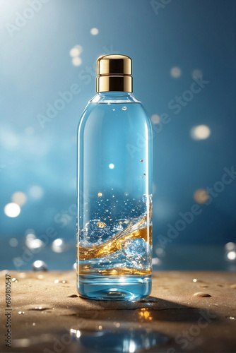 Transparent bottle on the surface of the reservoir with a small smooth wave photo