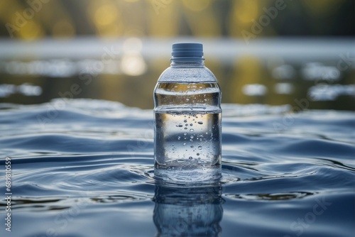 Transparent bottle with spring water, standing on the surface of a reservoir with a small smooth wave