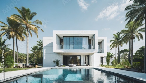 Exterior of amazing modern minimalist cubic villa with large swimming pool among palm trees © Martin