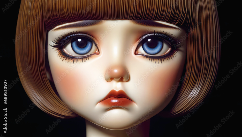 AI-generated illustration of A cartoon of a female doll with , big blue eyes, and brown hair AI-generated illustration of A cartoon of a female doll with , big blue eyes, and brown hair