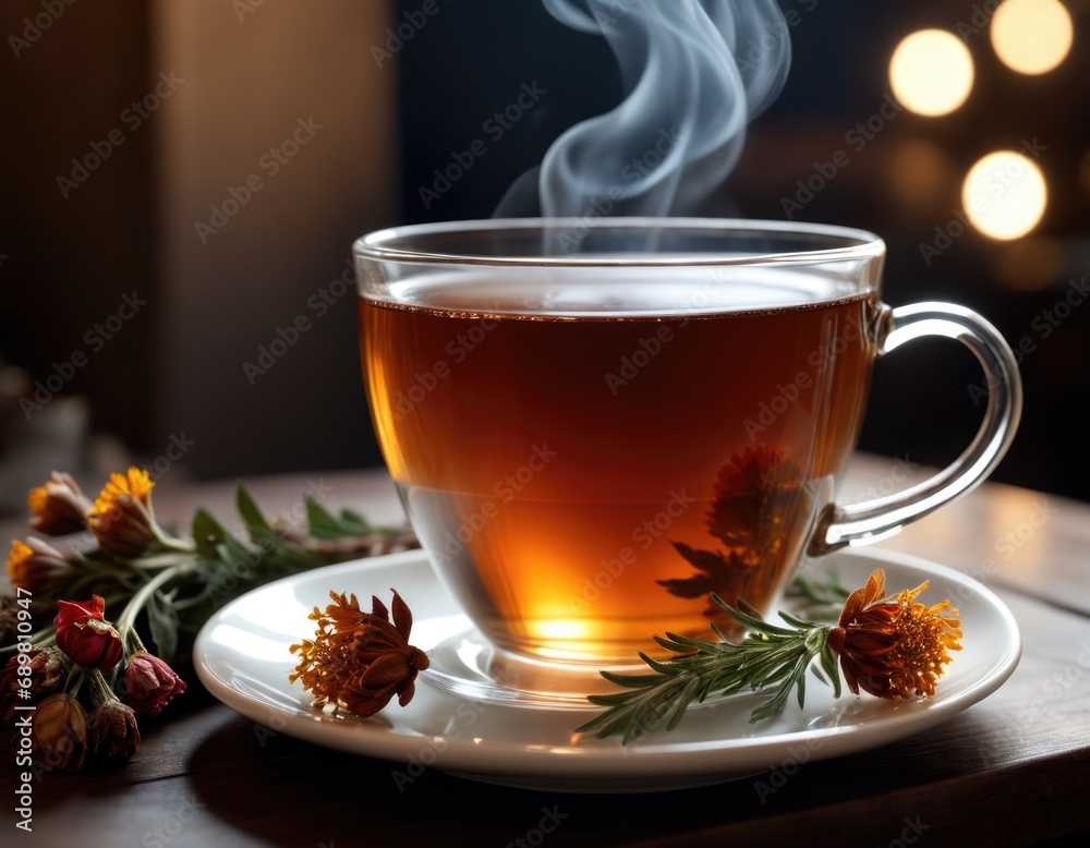 Black steaming herbal tea in festive atmosphere with flowers and led lighting Black steaming herbal tea in festive atmosphere with flowers and led lighting