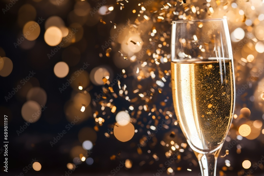 Background concept of a festive atmosphere, in the form of a glass with alcohol, bokeh lights and confetti. Background concept of a festive atmosphere, in the form of a glass with alcohol, bokeh lights and confetti.
