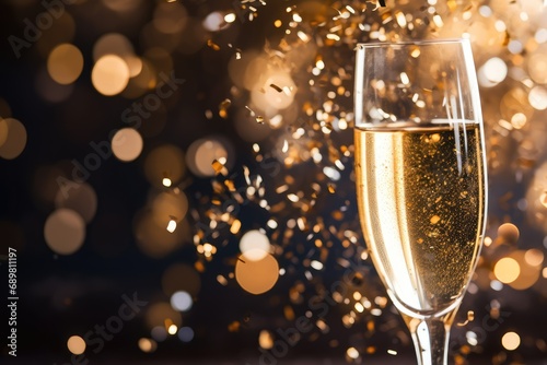 Background concept of a festive atmosphere, in the form of a glass with alcohol, bokeh lights and confetti.
