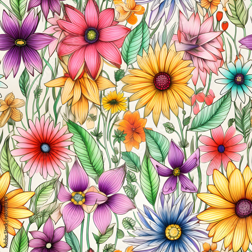 Flower in hand drawn style seamless pattern background.