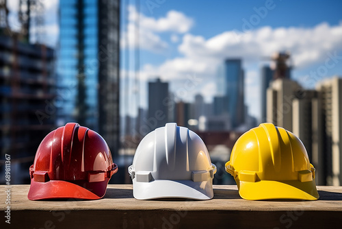 Safety helmets and hard hats protect the head at construction, construction, and civil engineering sites. Urban building construction background. Concept for safety measures at work site. photo