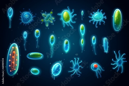 Bacteria and virus icons. Disease-causing bacterias, viruses and microbes. Color germs, bacterium types vector illustration set. photo