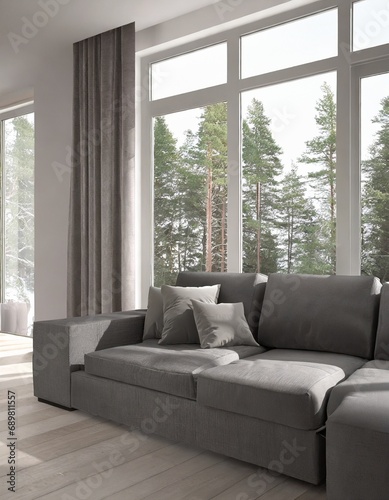 Grey Corner Sofa Against Panoramic Window with Forest View - Scandinavian Home Interior Design