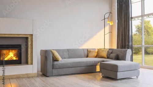Grey chair and round coffee table near corner sofa against dark grey paneling wall. Scandinavian style home interior design of modern living room © Martin