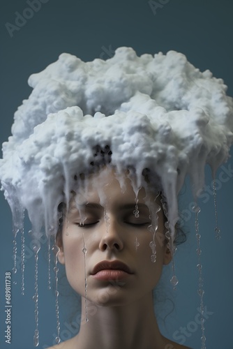 woman cloud headdress chains head simulation deep splashes giant cumulonimbus shoulders crestfallen mycology headspace jumper puffy