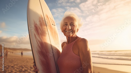 happy senior woman with surfboard at the beach,unaltered,active lifestyle