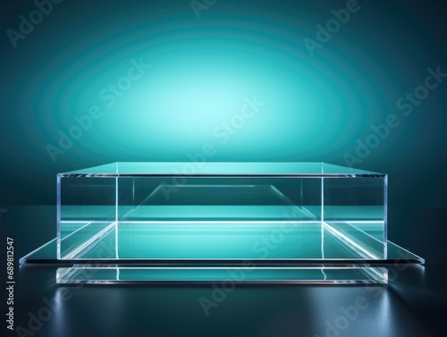 A glass table with a green light in the background. Transparent glass podium, copy-space. © tilialucida