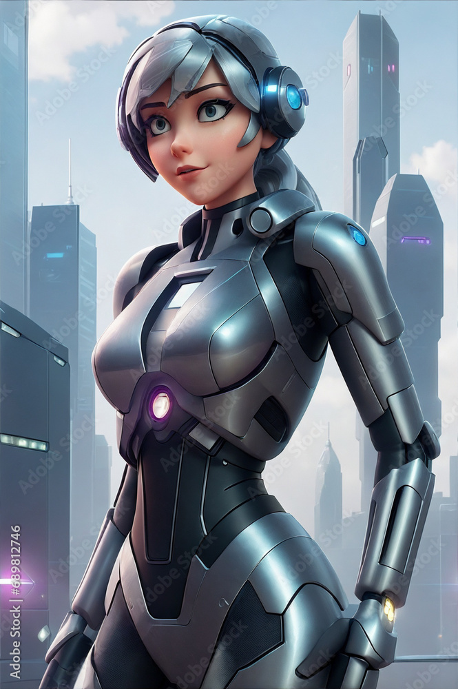 Cyber Elegance: Portrait of a Beautiful High-Tech Robo Girl, Radiating Futuristic Grace with Metallic Glamour and Digital Allure,generative ai