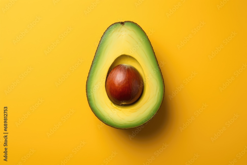 Avocado on yellow background, top view. Minimal food concept