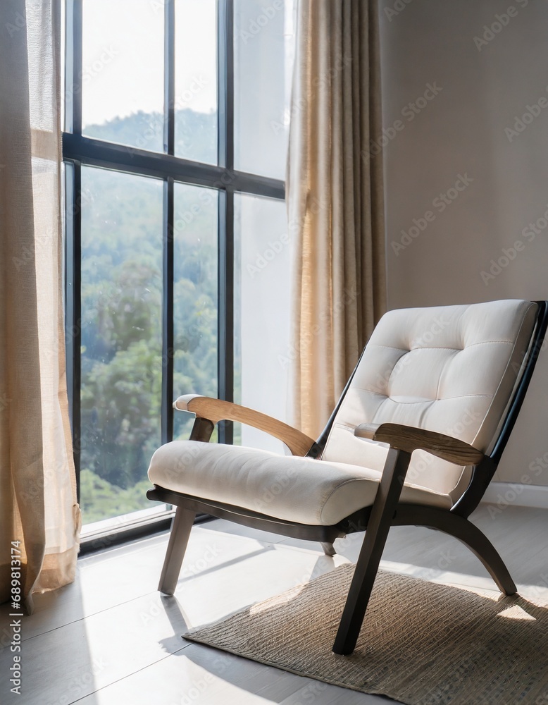 Lounge chair against floor to ceiling window near potted houseplants and wild stone cladding wall Lounge chair against floor to ceiling window near potted houseplants and wild stone cladding wall