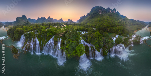 Aerial view of Ban Gioc Detian Falls along the Quay Son River on the Karst hills of Daxin County, Guangxi, China. photo