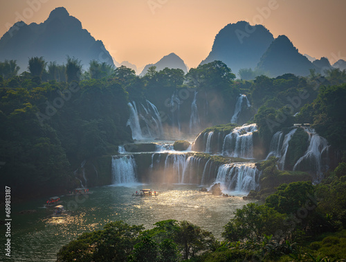 Aerial view of Ban Gioc Detian Falls along the Quay Son River on the Karst hills of Daxin County, Guangxi, China. photo