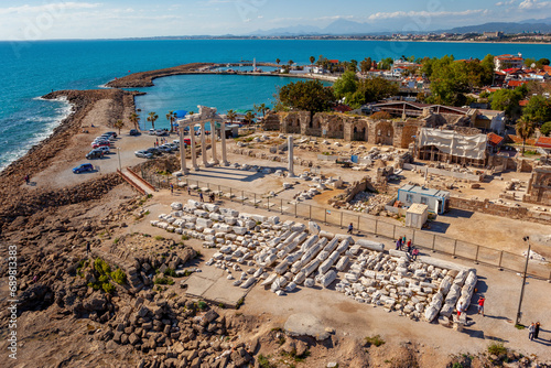 Aerial view of the historical ruins in Side at the Mediterranean Sea coast of Antalya, Turkey. photo