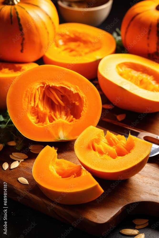 Slices of raw orange pumpkin on cutting board, selective focus. Slices of raw orange pumpkin on cutting board, selective focus.