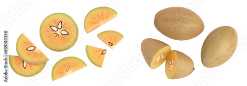 Sapodilla slices isolated on white background with  full depth of field. Top view. Flat lay photo