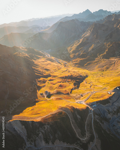 Aerial view of the Mountain Road Pass of Col du Tourmalet, Pyrenees Mountains, Occitanie, France. photo