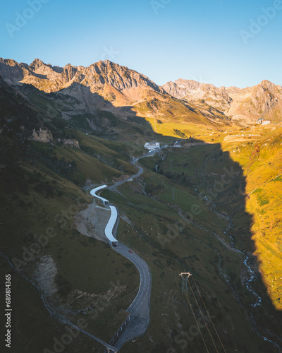 Aerial view of the Mountain Road Pass of Col du Tourmalet, Pyrenees Mountains, Occitanie, France. photo