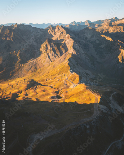 Aerial view of the Mountain Road Pass of Col du Tourmalet, Pyrenees Mountains, Occitanie, France.